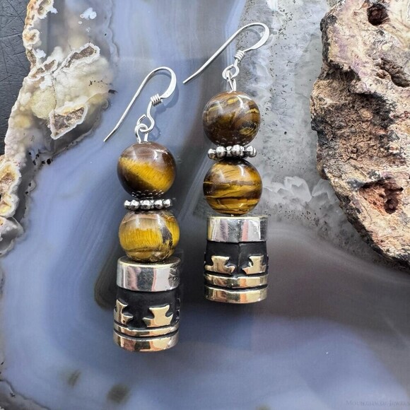 Tommy &Rosita Singer Sterling Silver Tigers Eye Bead Dangle Earrings For Women - Picture 1 of 10